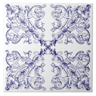 Blue & White Baroque Rococo Seashells Pattern Ceramic Tile