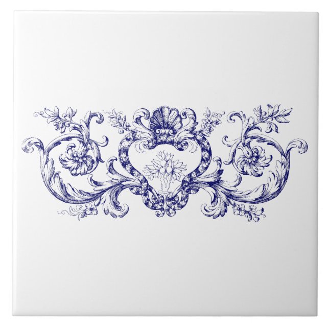 Blue & White Baroque Rococo Shell Cartouche Frieze Ceramic Tile (Front)