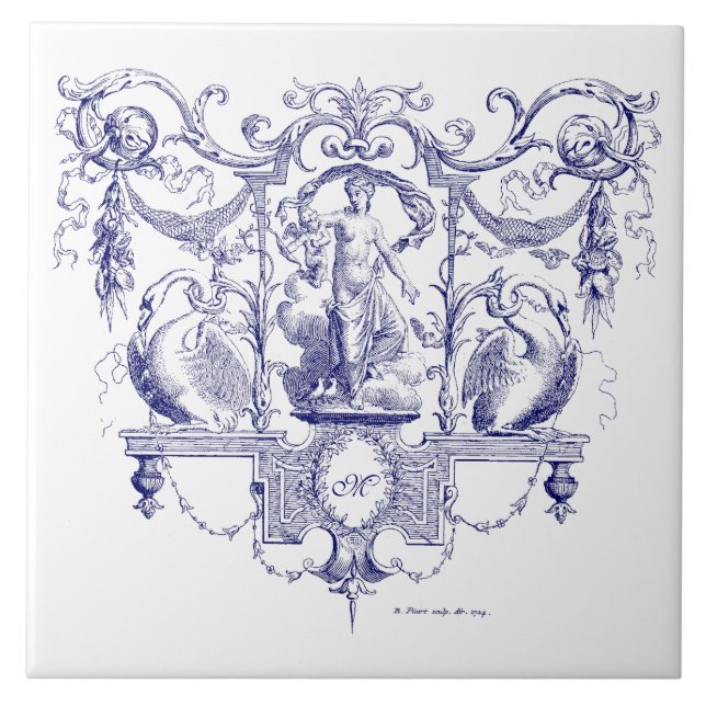 Blue & White Baroque Rococo Venus & Swans Ceramic Tile (Front)