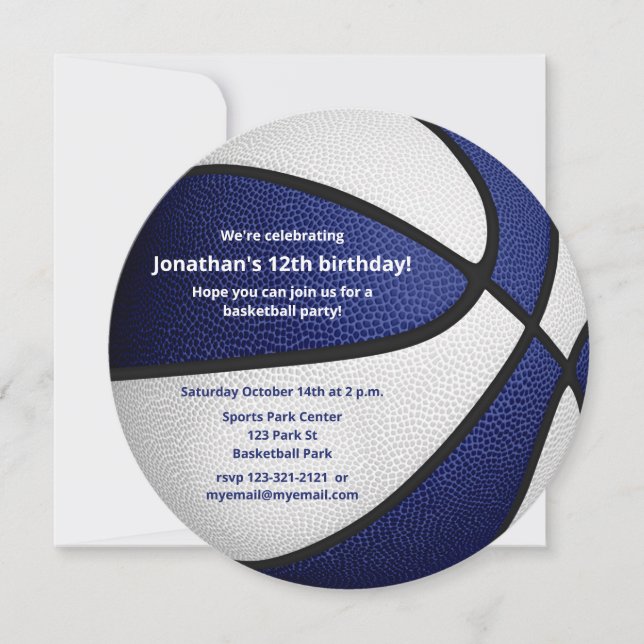 blue white basketball themed birthday party announcement (Front)