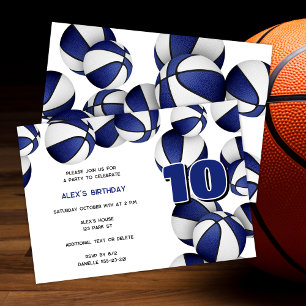 blue white basketballs boys girls birthday party invitation