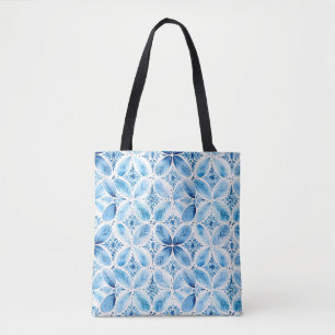 Blue White Batik Floral  Tote Bag