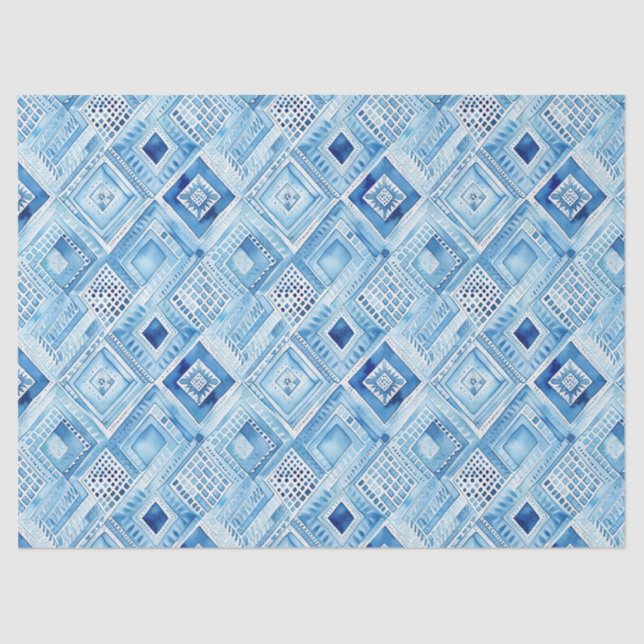 Blue White Batik Square Jewel Tissue Paper (Front)
