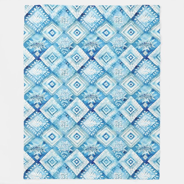 Blue White Batik Squares Fleece Blanket (Front)