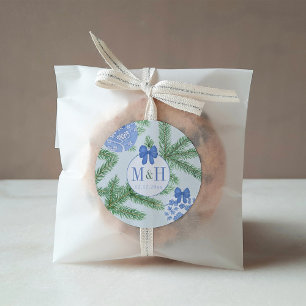 Blue White Baubles Fir Tree Holidays Wedding Classic Round Sticker
