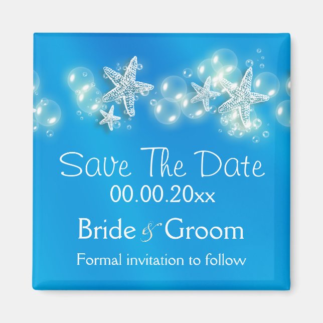 Blue white beach starfish announcement magnet (Front)