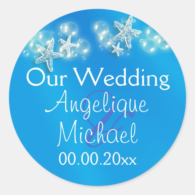 Blue white beach starfish wedding classic round sticker (Front)