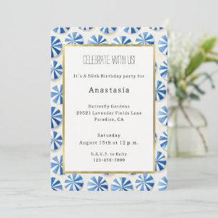 Blue White Beach Umbrellas French Riviera Birthday Invitation
