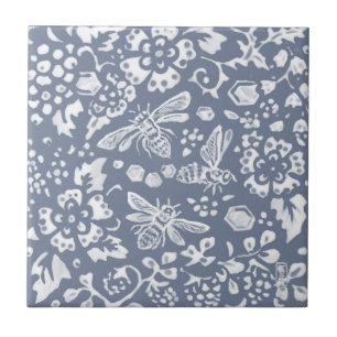 Blue White Bee Botanical Delft Dedham Painting Ceramic Tile