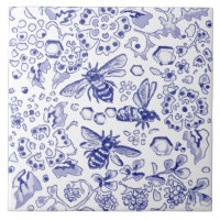 Blue White Bee Honey Floral Farmhouse Rustic Art