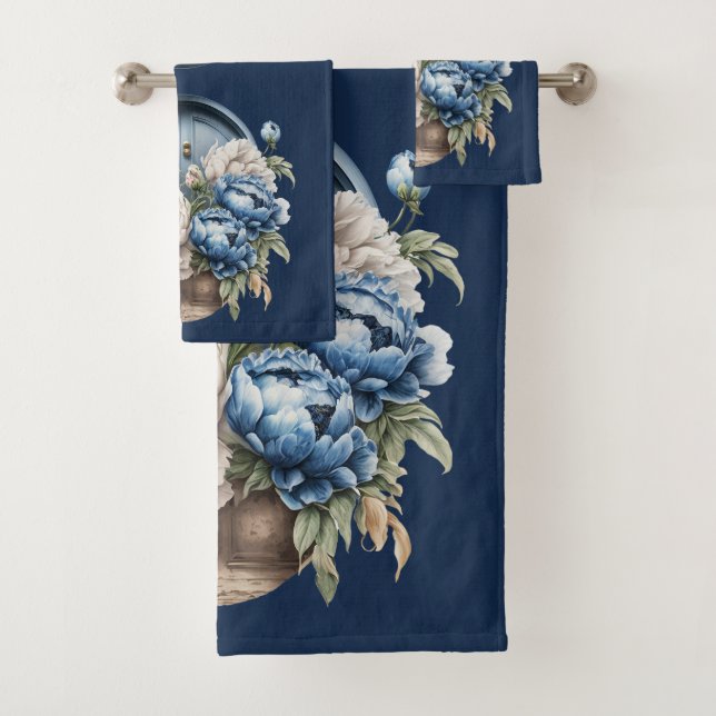 Blue, White & Beige Vintage Peony Towel Set (Insitu)