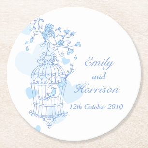 Blue & white birds open cage wedding coasters