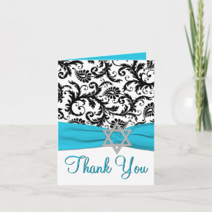 Blue, White, Black Bat Mitzvah Thank You Note Card