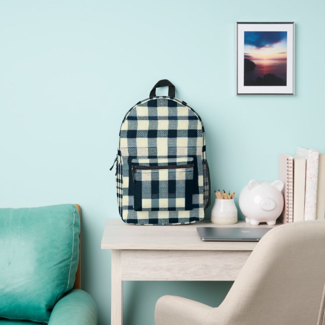 Blue White Black Buffalo Plaid Classic Chequered Printed Backpack (Insitu)