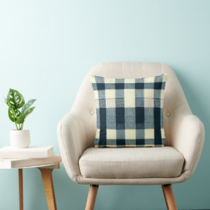 Blue White Black Buffalo Plaid Classic Rustic Cushion