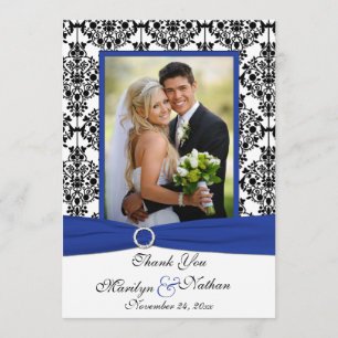 Blue, White, Black Damask Photo Thank You Card