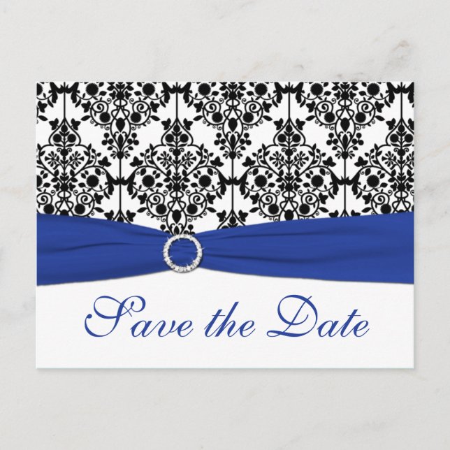 Blue, White, Black Damask Save the Date Card (Front)