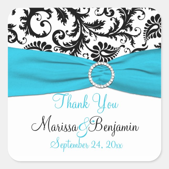 Blue, White, Black Damask Wedding Favour Sticker (Front)