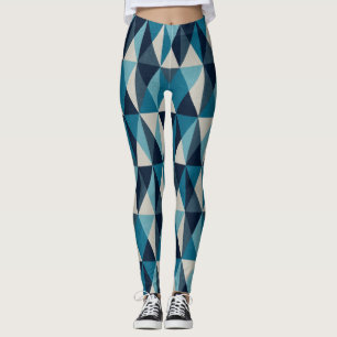 Blue White Black Geometric Rhombic Pattern Leggings