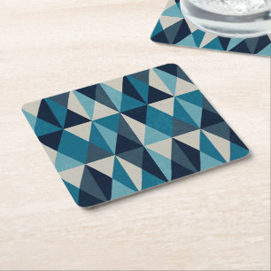 Blue White Black Geometric Rhombic Pattern Square Paper Coaster