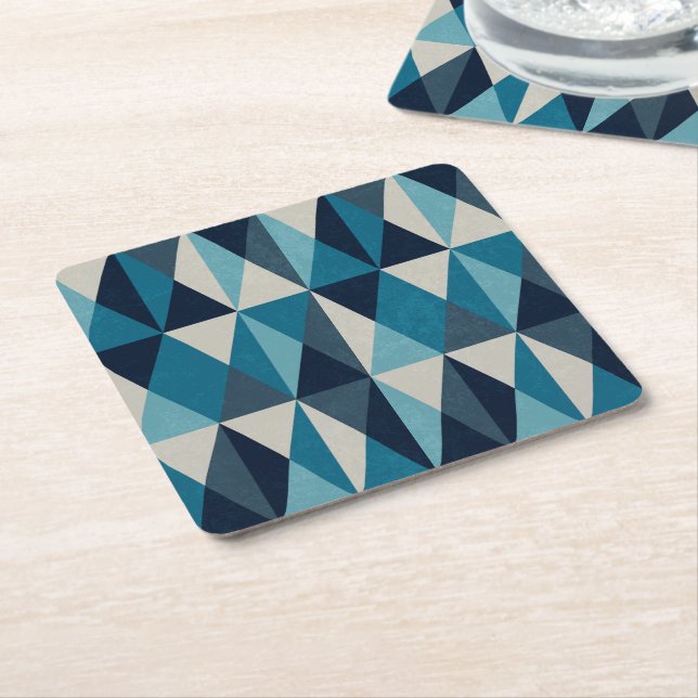 Blue White Black Geometric Rhombic Pattern Square Paper Coaster (Angled)