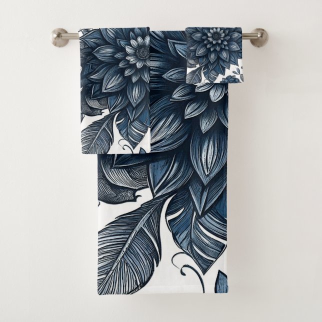 Blue & White Bohemian Floral Print Bath Towel Set (Insitu)