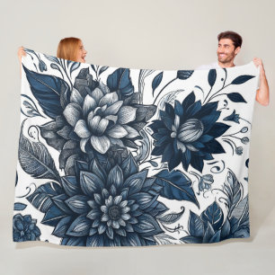 Blue & White Bohemian Floral Print Fleece Blanket