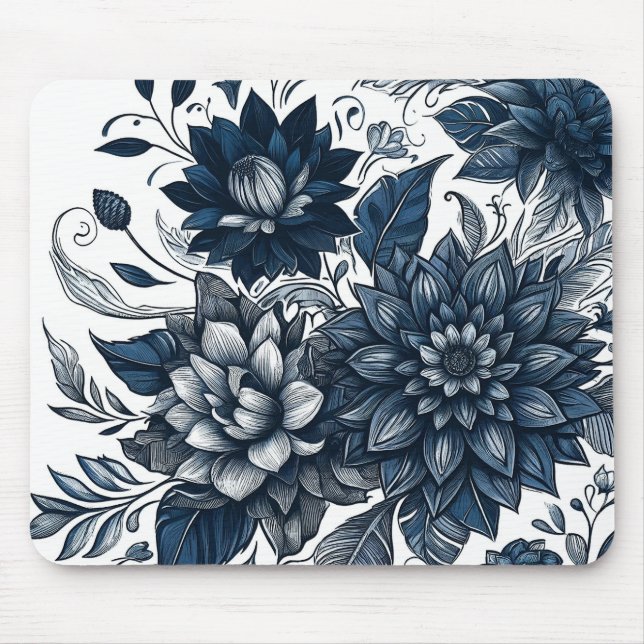 Blue & White Bohemian Floral Print Mouse Pad (Front)