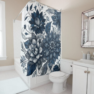Blue & White Bohemian Floral Print Shower Curtain