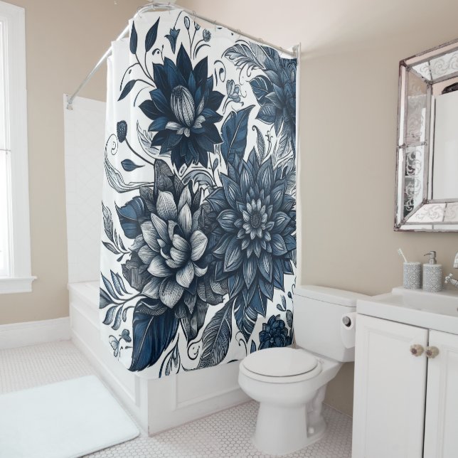 Blue & White Bohemian Floral Print Shower Curtain (In Situ)