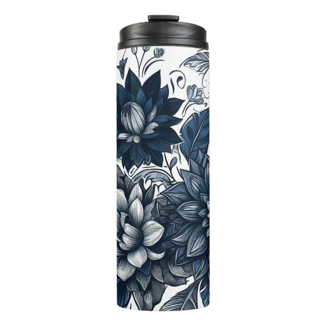 Blue & White Bohemian Floral Print Thermal Tumbler (Front)