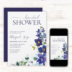 Blue White Boho Floral Trendy Script Bridal Shower Invitation
