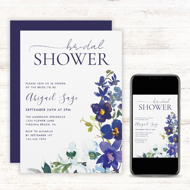 Blue White Boho Floral Trendy Script Bridal Shower Invitation (Creator Uploaded)