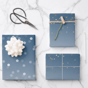 Blue White Bokeh Gold Glitter Confetti Christmas Wrapping Paper Sheet