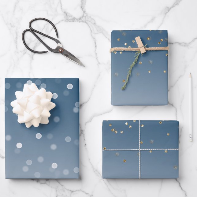 Blue White Bokeh Gold Glitter Confetti Christmas Wrapping Paper Sheet (Front)