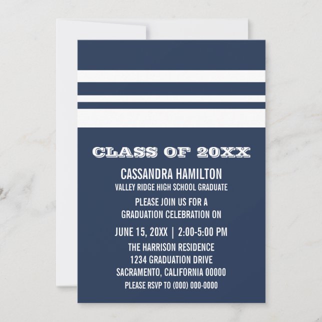 Blue/White Bold Stripe Graduation Invite (Front)