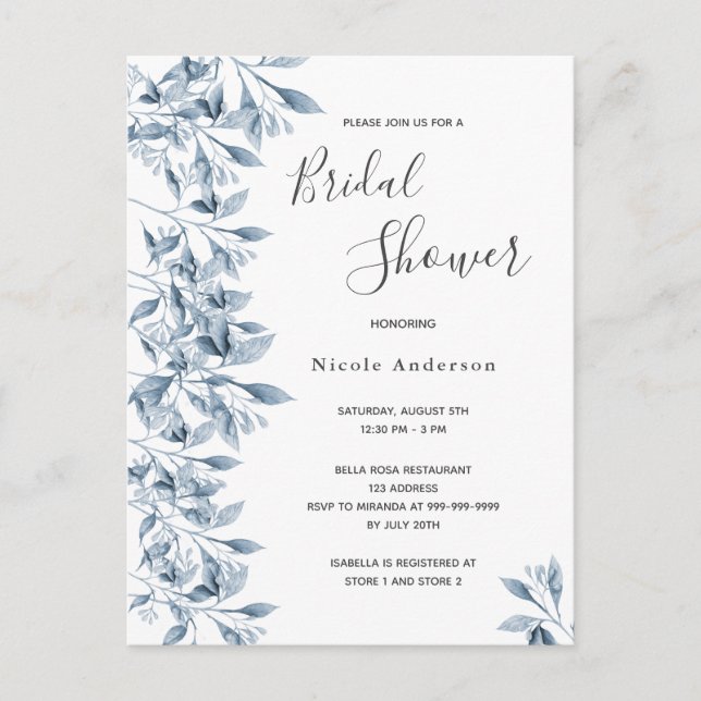 Blue white botanical Bridal Shower invitation Postcard (Front)