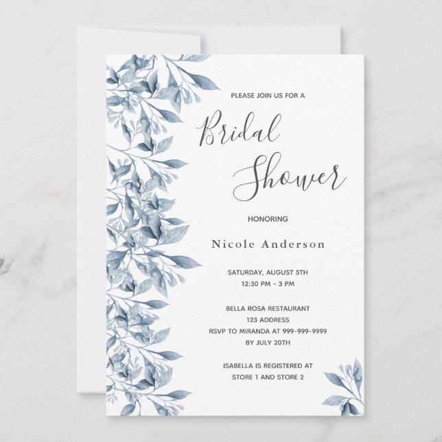 Blue white botanical foliage Bridal Shower Invitation (Front)
