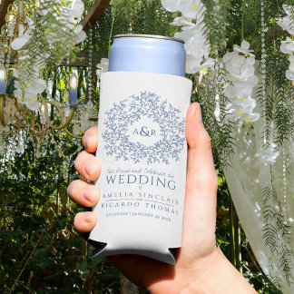 Blue white botanical monogram wedding photo seltzer can cooler