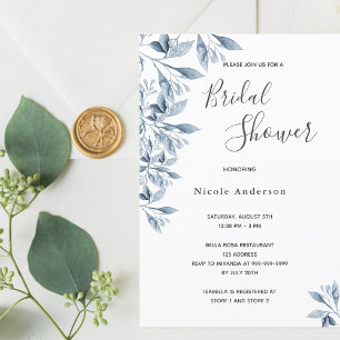 Blue white botanical script Bridal Shower Invitation