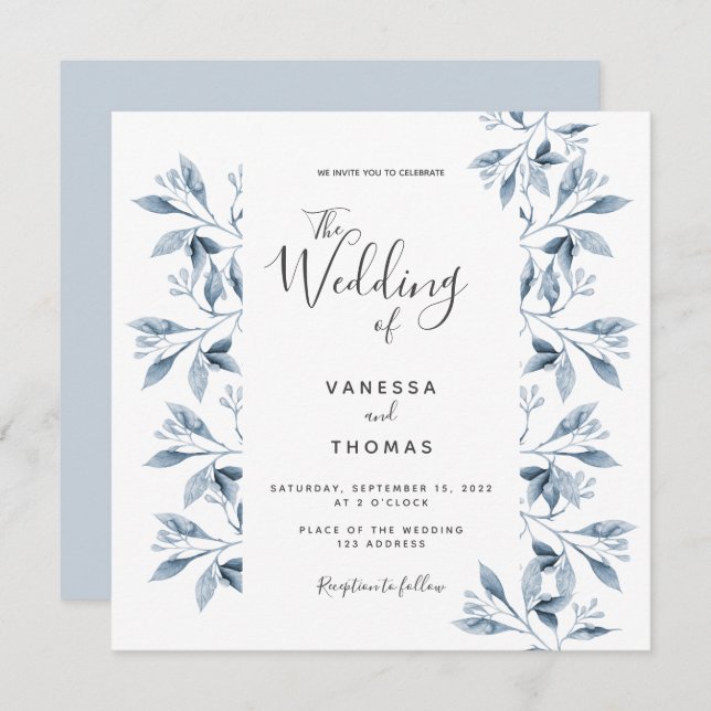 Blue white botanical script wedding invitation (Front/Back)