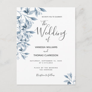 Blue white botanical script wedding invitation postcard