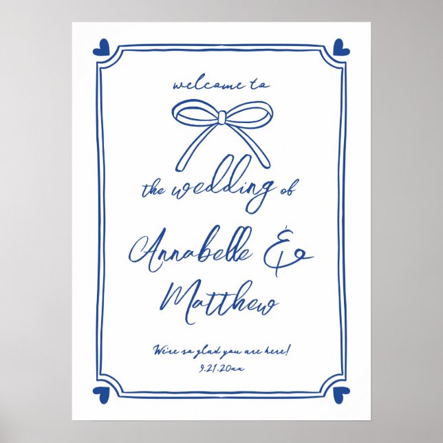 Blue White Bow Whimsical Wedding Welcome Sign (Front)