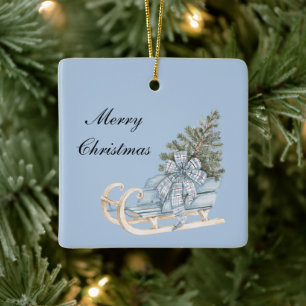 Blue White Bow White Sleigh Christmas Tree Ceramic Ornament