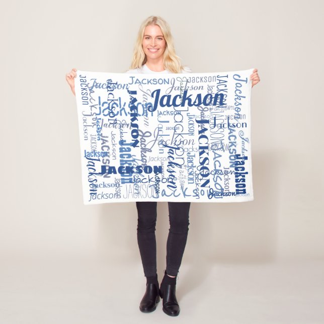 Blue & White Boy Baby's Names PatternTypography Fleece Blanket (In Situ)