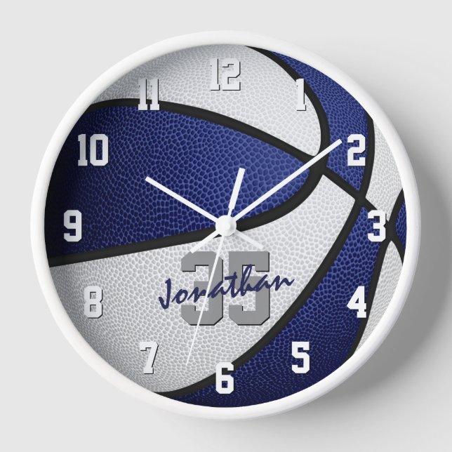 blue white boys girls basketball personalized clock (Front)