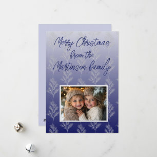 Blue White Branch Pattern Photo Christmas  Holiday Card