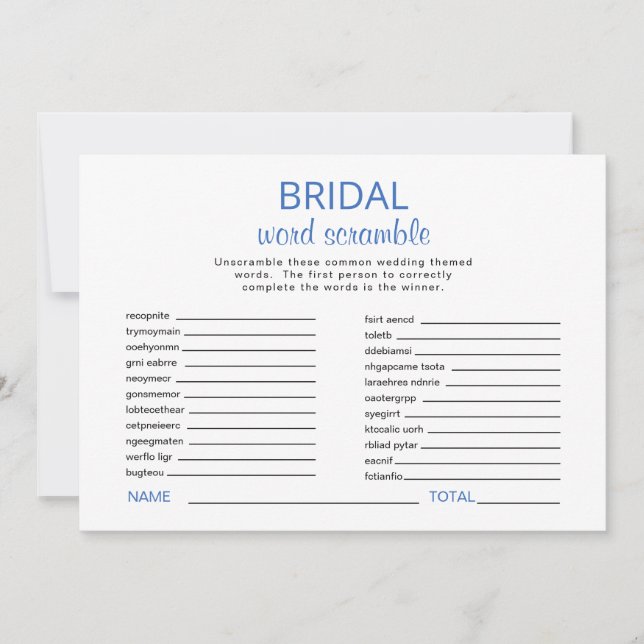 Blue & White Bridal Shower Word Scramble Game Invitation (Front)