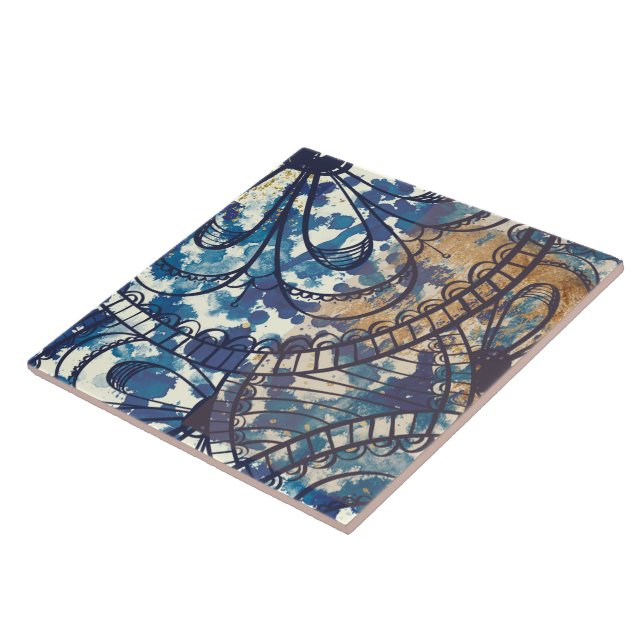 Blue white brown patterned loft style ceramic tile (Side)