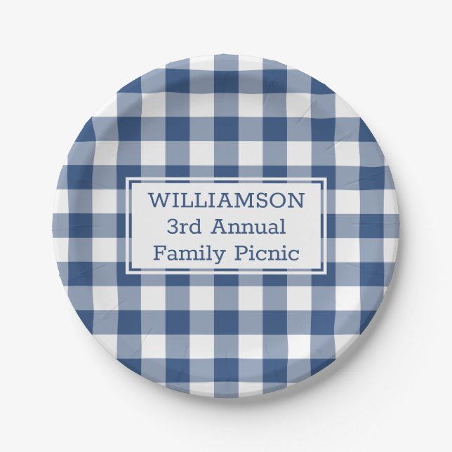 Blue White Buffalo Check Custom Name Family Picnic Paper Plate (Front)